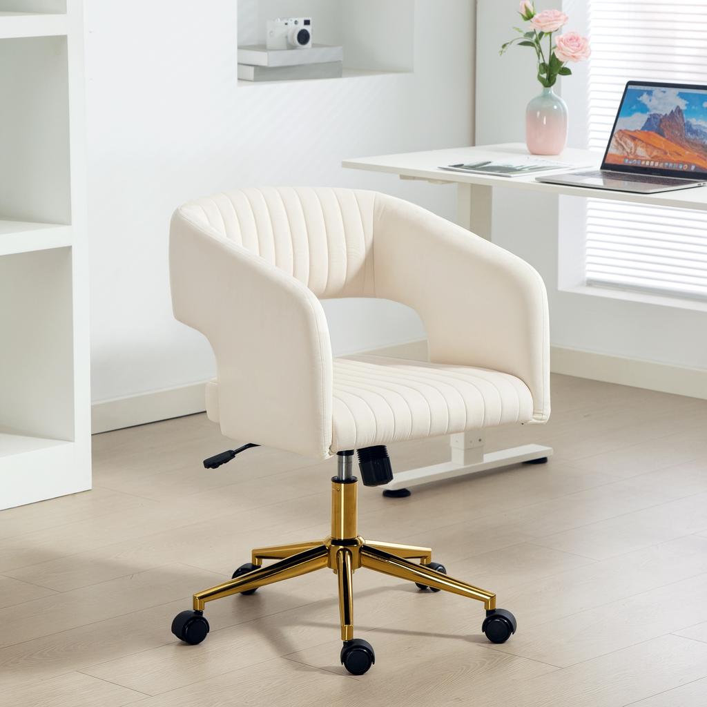 Silla de Escritorio Plegable con Funda de Aspecto Terciopelo, Silla de Oficina Regulable en Altura, Función de Inclinación, Blanco Crema