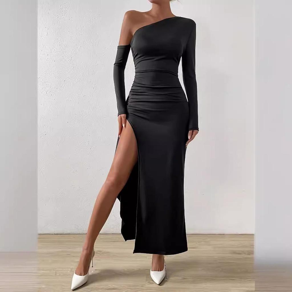Summer Long Sleeve Off-Shoulder Bodycon Dress with Irregular Slit