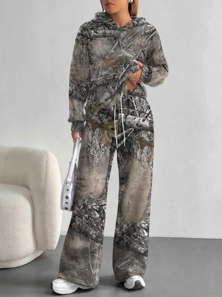 Camouflage European and American Autumn and Winter Casual Long-sleeved Suit Women's Hooded Sweater Trousers Two-piece Set
