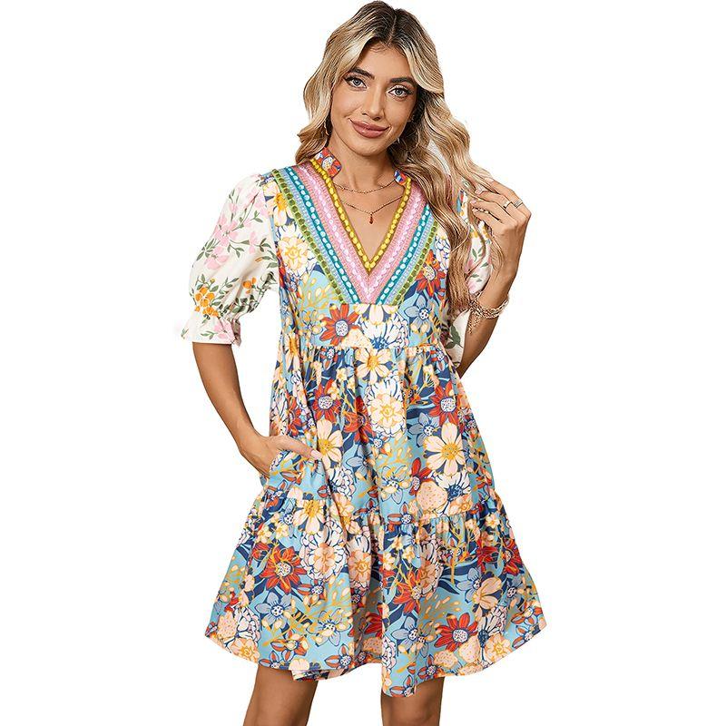 

Summer New Bohemian Style High Waist V-neck Dress Women 2025 European and American Flower Print Short sleeve Knee-Length Skirt Floral P22 Size S fit (45.00 kg-55.00 kg