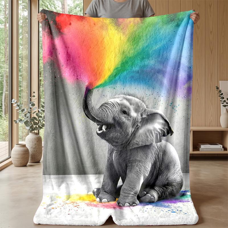Elephant Singing Under Rainbow Theme Blanket Lightweight Warm Flannel Blanket Decorative Throw Blanket for Home Decoration