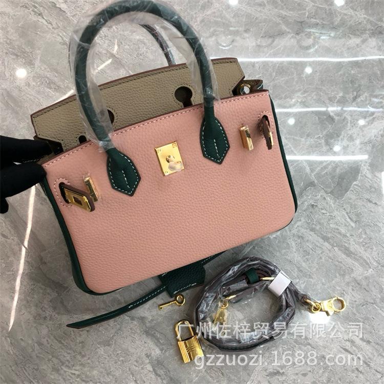 Cross-border Lychee Pattern Color Matching Platinum Bag Cowhide Women's Bag Contrasting Color Handbag Large Capacity Shoulder Crossbody Wedding Bag
