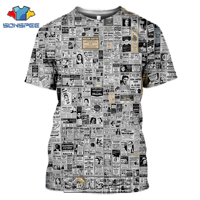 Staré noviny Trička 3D tisk Muži Ženy Ležérní Móda Hip Hop Legrační Krátký rukáv Streetwear Vintage topy Košile