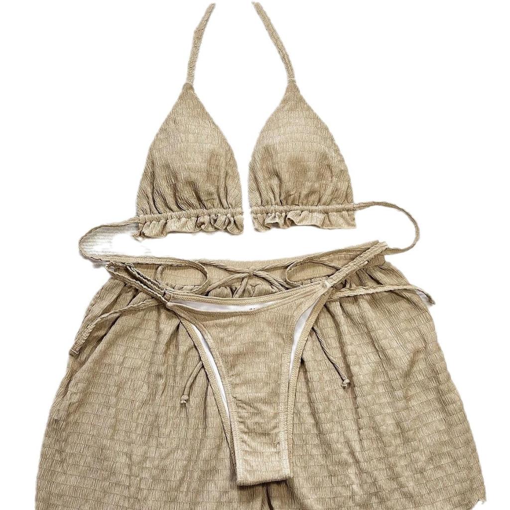 Evropské a americké sexy třídílné bikini Speciální látka Plavky Dámské Jednobarevné Plážové oblečení Dovolenková plavka