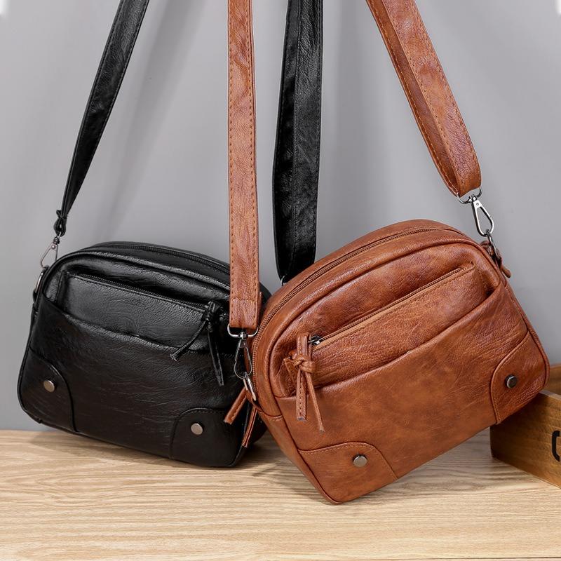 Soft Leather Small Bag Women 2 New Simple Retro Mobile Phone Bag Multi-compartment Travel Crossbody Small Square Bag Light Luxury