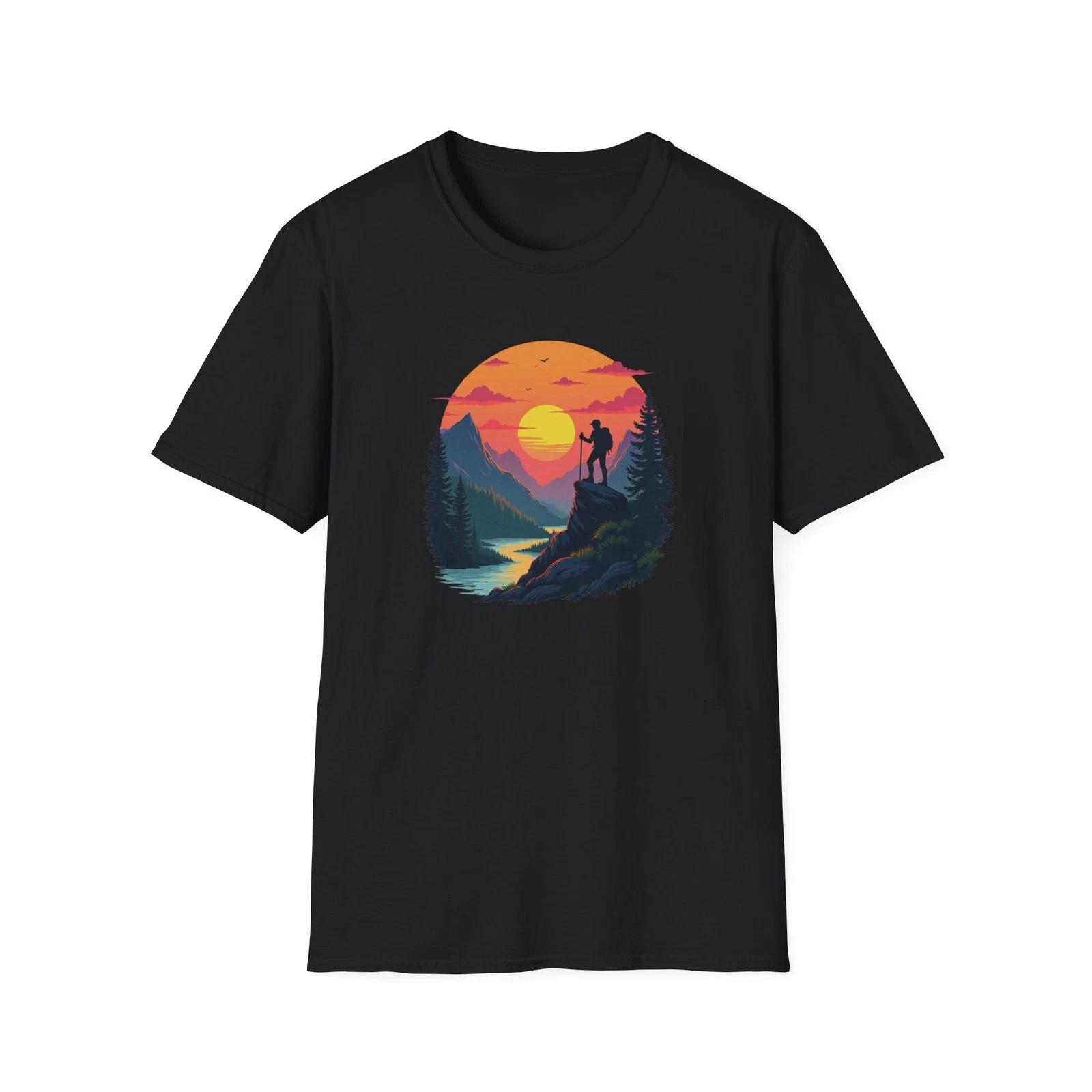 Sunset Mountain Hike T-Shirt | Hiker Silhouette, Scenic River XL