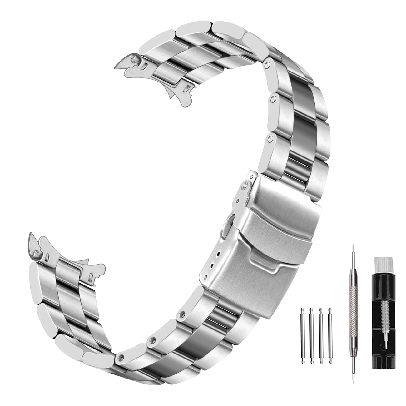 

[Kai Tian] Solid Quality Stainless Steel Curved End Half-Moon Tapered 3 Flat Tone Silver 22mm Metal Watch Band Strap for Men