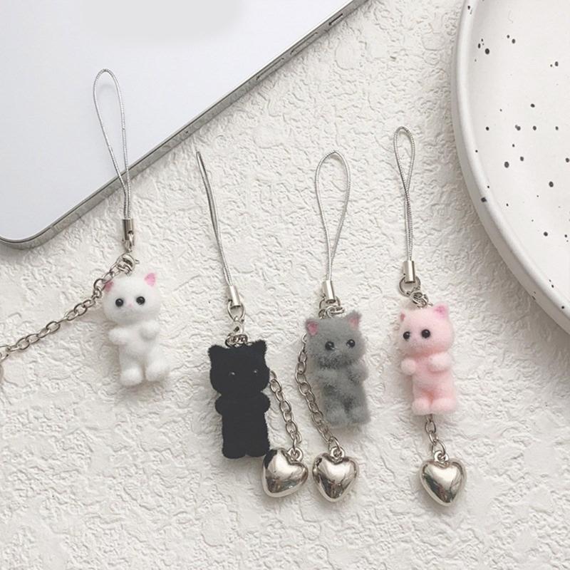 Fashion Flocking Cat Heart Pendant Phone Straps Lanyard Pocket Keychain Strap Backpack Charm Car Key Decoration