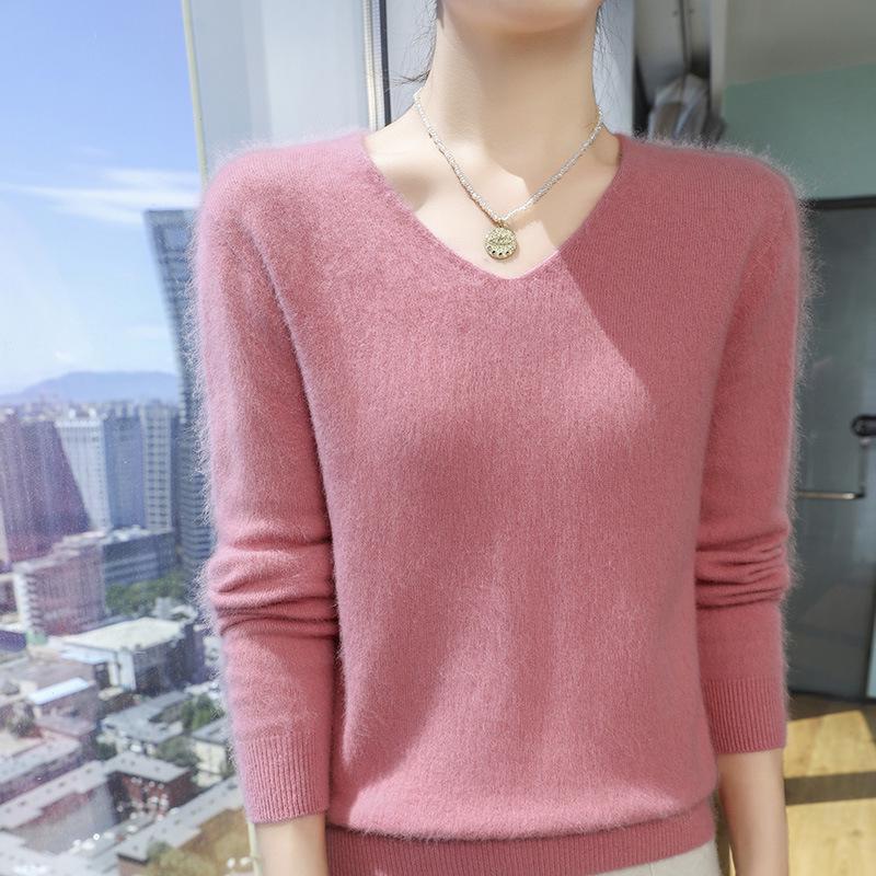 New Seamless Mink Velvet V-Neck Cashmere Sweater for Women - Loose Fit, Solid Color, Short Pullover Knitwear for Autumn and Winter