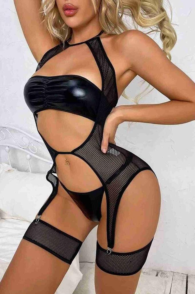 Merry See Leather Look Gartered Fantasy Underwear Black