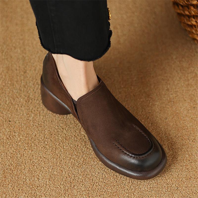 Fashion New Autumn Genuine Leather Women Shoes Fashion Round Toe Shoes for Women Chunky Heel Loafers Zapatos Mujer Women Pumps Brown