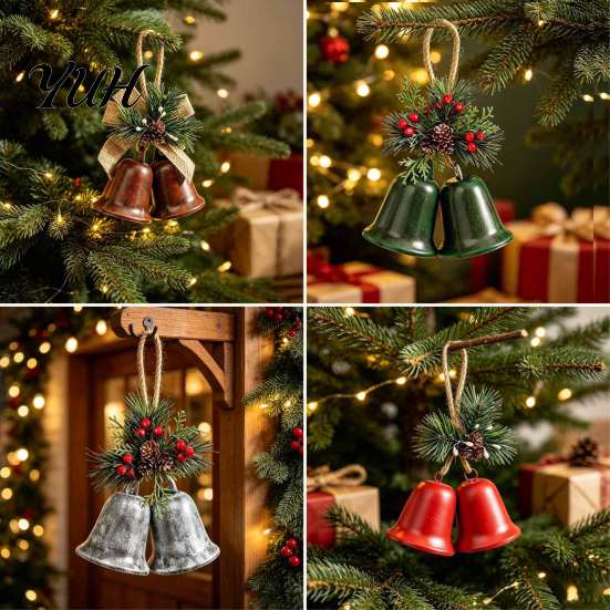 Winter Seasonal Party Supplies Christmas Bell Ornaments, Metal Double Jingle Bells Xmas Tree Hanging Indoor Holiday Scene Arrangement Decoration with