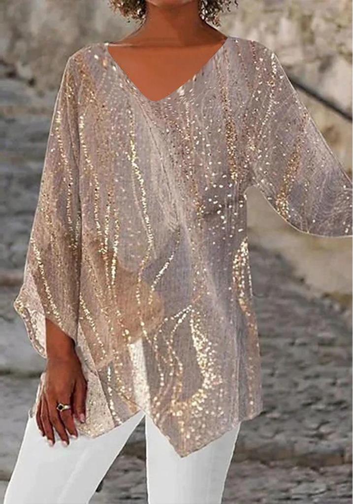2024 Women's Plus Size Casual V-Neck Long Sleeve Printed Top