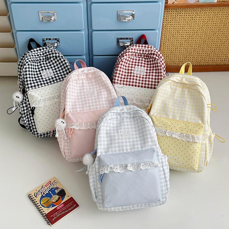 Schoolbag Casual Versatile Plaid Polka Dot Lace Backpack Girl Heart Japanese Sweet Wind Student Party Backpack Girl