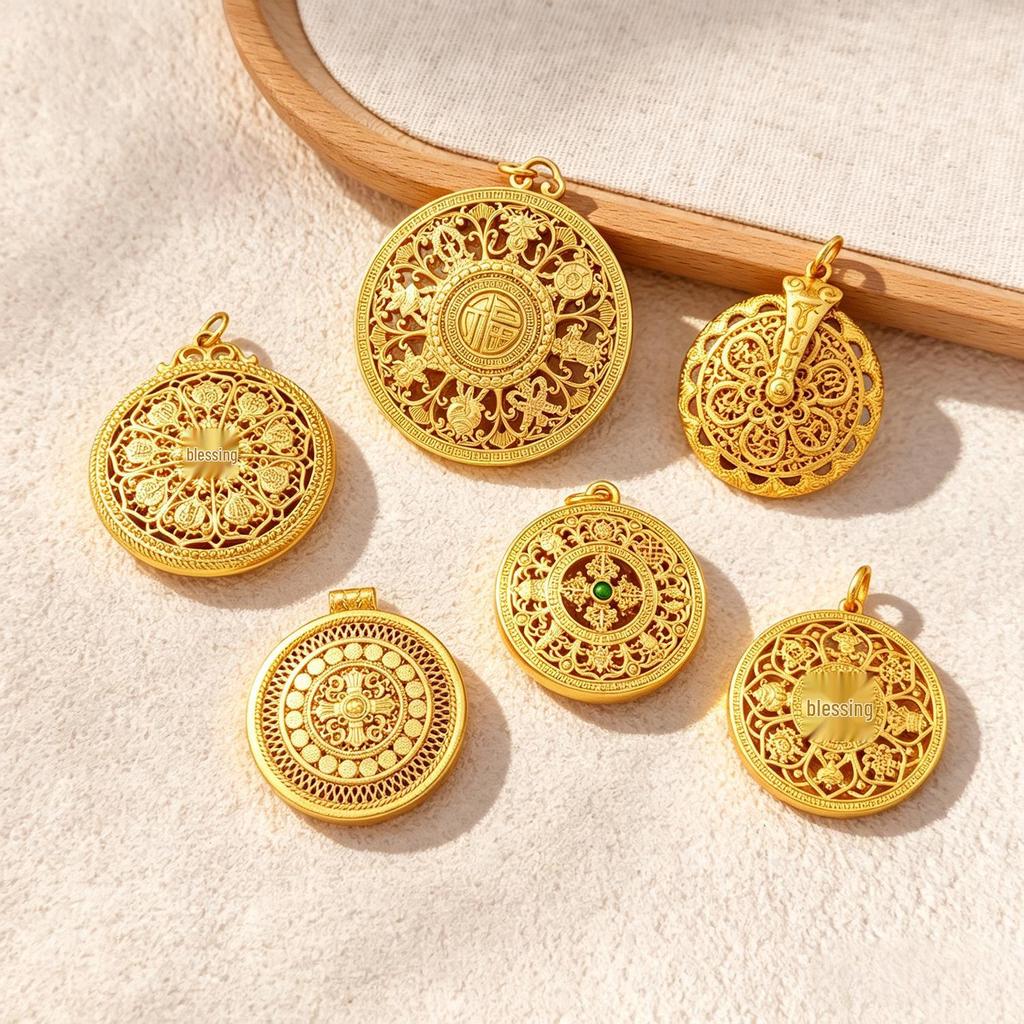 Copper-Plated Auspicious Eight Treasures Compass Pendant Necklace with 24K Gold and Strong Color Retention.