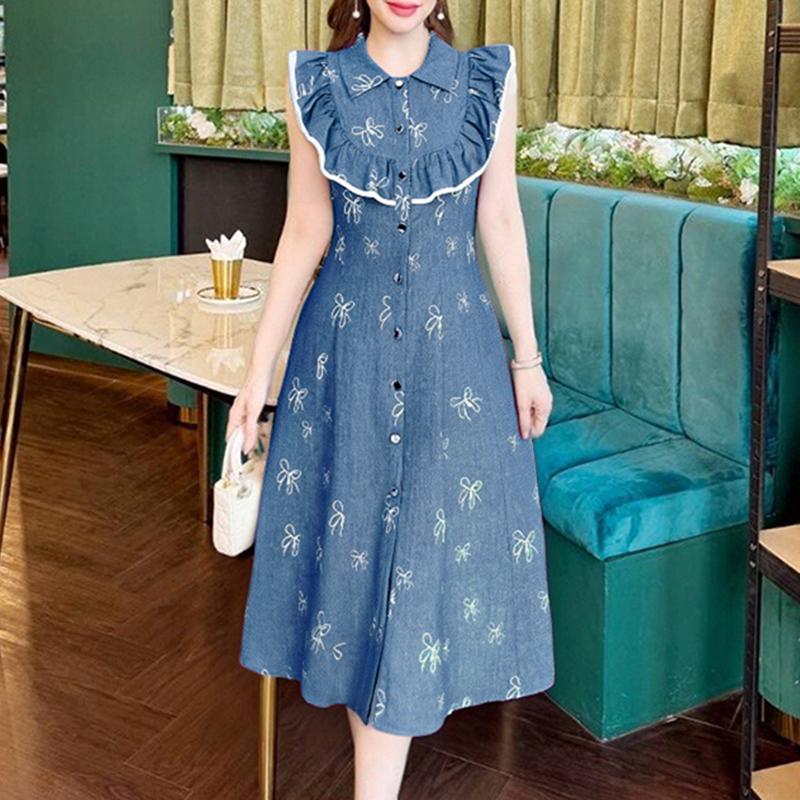 

ZANZEA Женское повседневное летнее платье без рукавов с принтом и отложным воротником XL синий