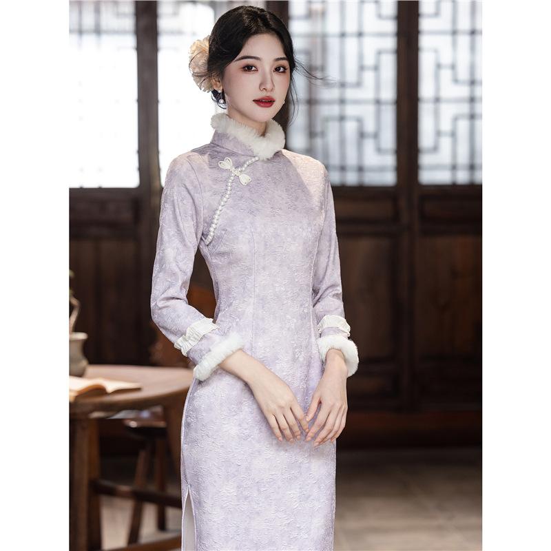 Purple long-sleeved cheongsam velvet 1011 new women's new Chinese-style improved young dress daily high-end beauty