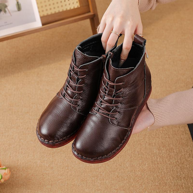 First layer cowhide soft-soled short boots single boots velvet breathable flat-bottomed cotton boots retro leather Martin boots