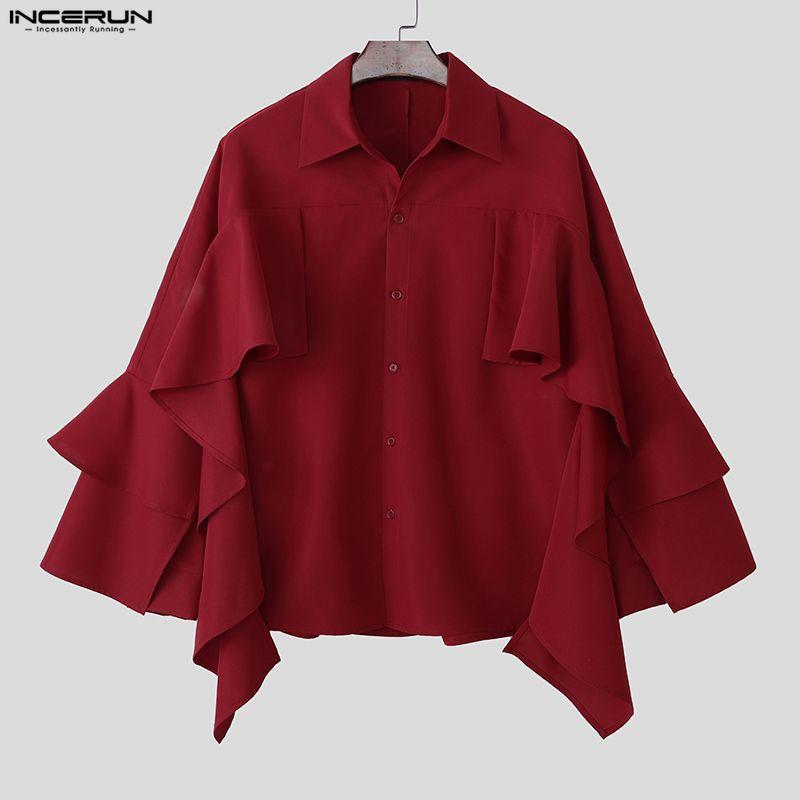 INCERUN Men Lapel Neck Long Sleeve Ruffled Shirts Casual Loose Oversized Tops