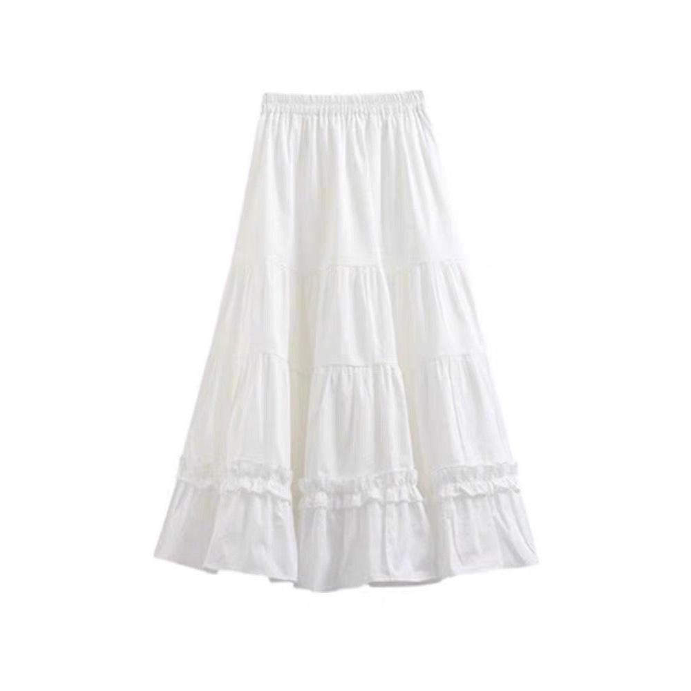 White A-Line Ruffle Midi Skirt - High Waist Summer 2025 Slimming French Style for Women & Petite