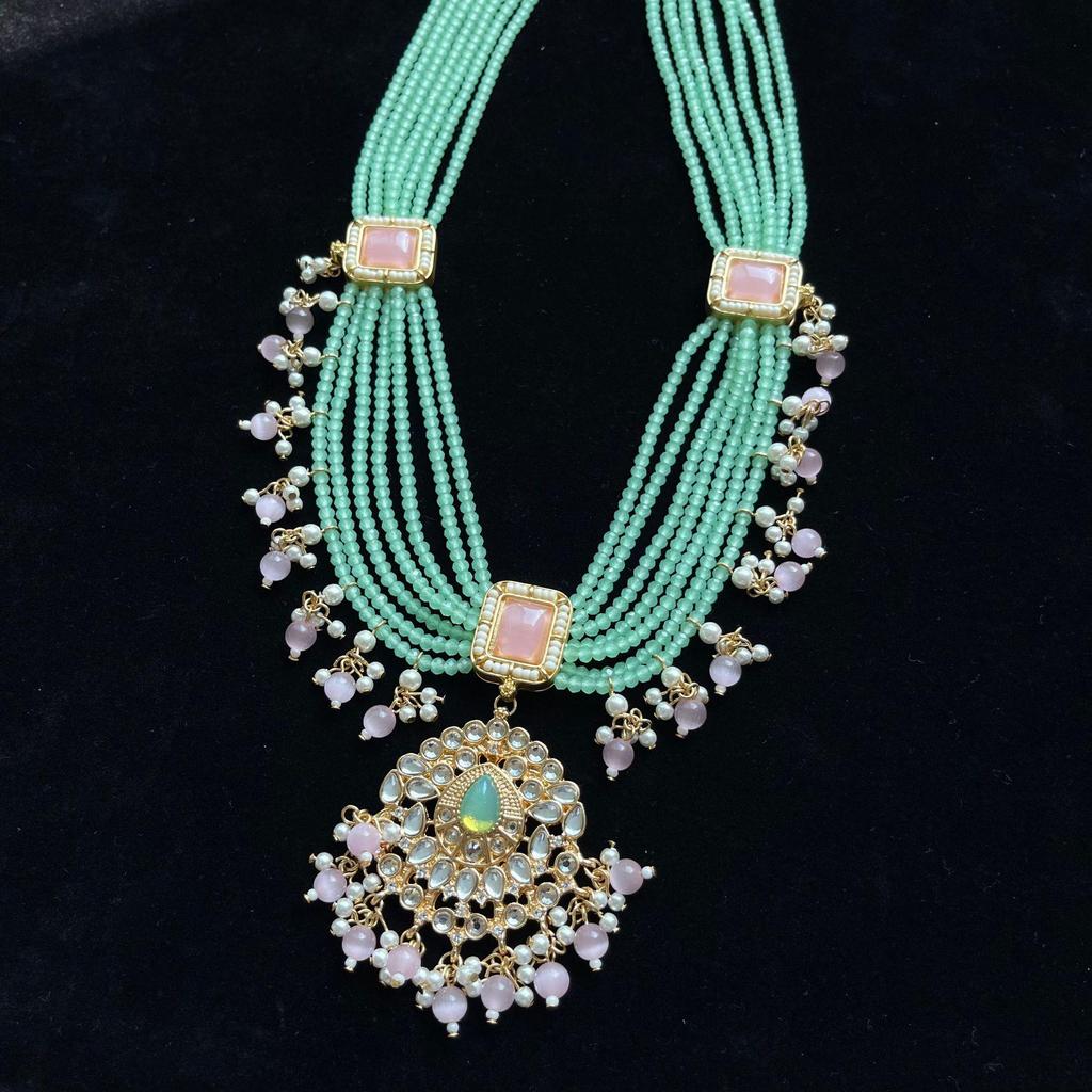 Vintage Green Glass Bead Necklace and Earrings Set for Women
