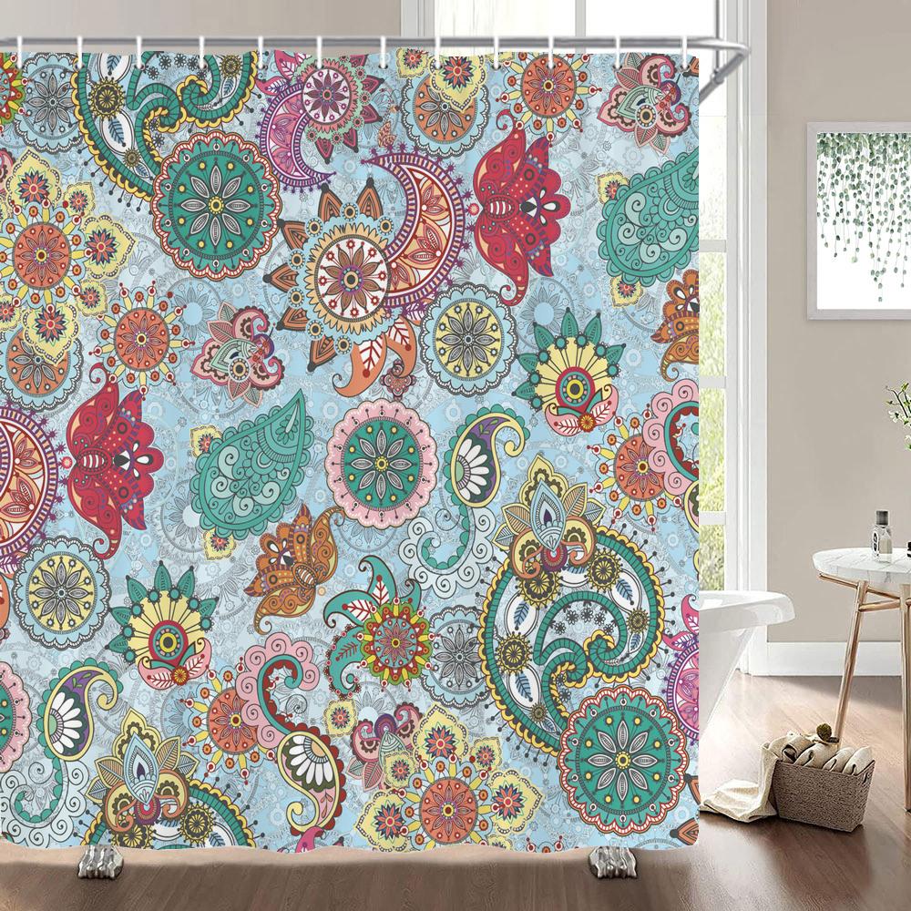 Duschvorhänge im Bohème-Stil Mandala Boho Blumen- und Pflanzendruck Badezimmervorhänge Wasserdichter Polyester Duschvorhang