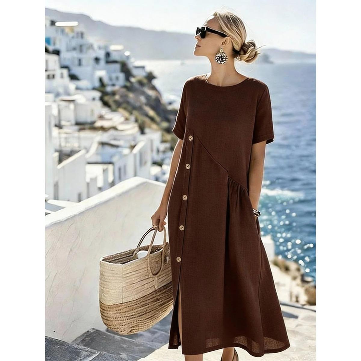 

New Spring Summer Waist Cinched Side Button Drawstring Dress, Lazy Casual Vacation Dresses for Women Europe America Crossborder 3XL темно-коричневого кольору
