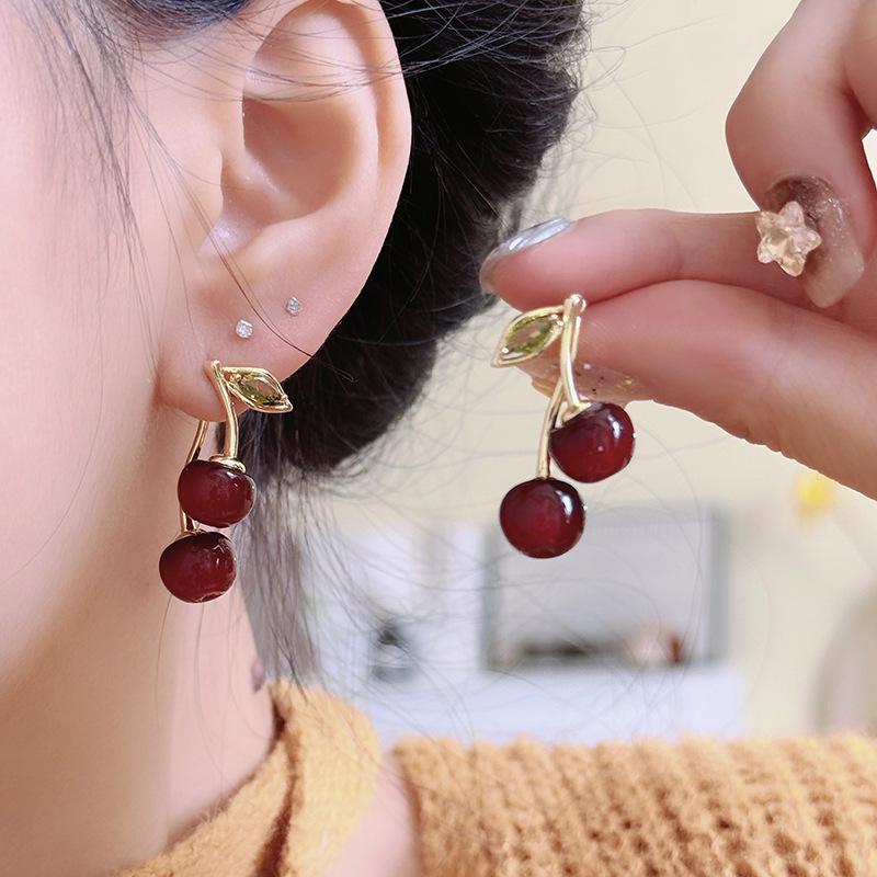 Silver Zircon Cherry Earrings - High-End, Light Luxury Studs with Fresh, Sweet Design
