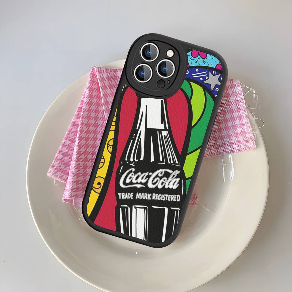C-CocaS-Fashion Cola Leather Phone Case For IPhone 16 14 15 Pro Plus 13 12 11 Pro Max Silicone Cover