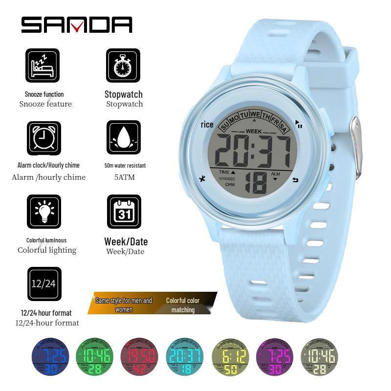 Sanda Men's Digital Watch: 7 Alarms, Luminous, Multi-Function, Waterproof, Dual Time Zones.