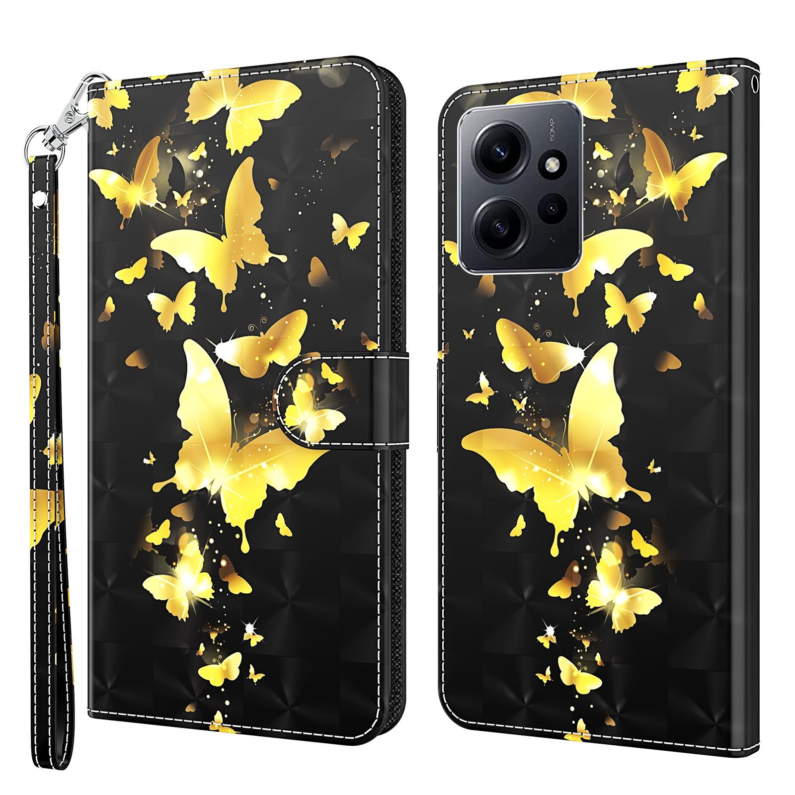 

For Xiaomi Redmi Note 12 4G Wallet Leather Phone Case 3D Pattern Printing Stand Cover with Strap Golden Butterflies