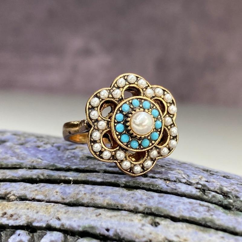 Vintage Inlaid Imitation Pearl Turquoise Flower Women's Ring Ethnic Gold Color Hand Carving Party Jewelry Anniversary Gift