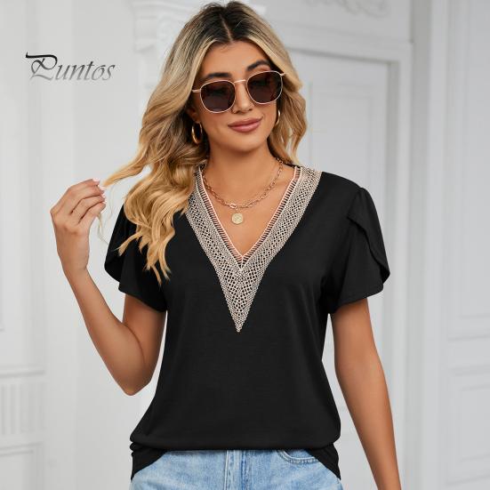 Tee Top V-neck Petal Short Sleeve Women T-shirt Summer Shirt Golden Lace Stitching Loose Pullover Streetwear