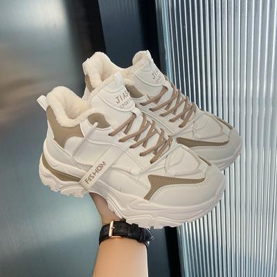 Tênis Veludo Plus Size Estilo Pai para Inverno Feminino Versão Coreana Quentes de Cano Alto com Cadarço Tênis Casuais Femininos Sapatos de Algodão Brancos