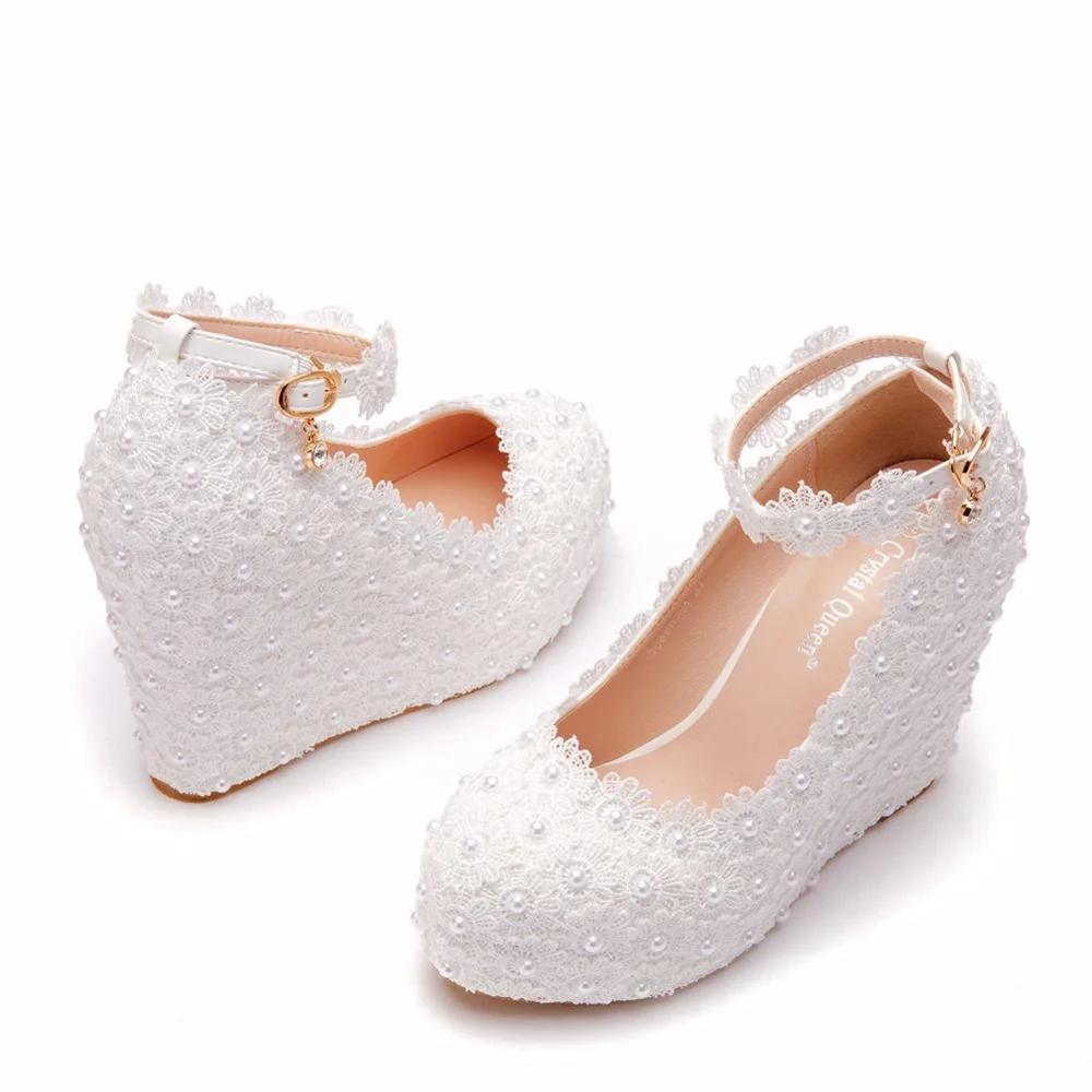 Fashion White Flower Wedding Shoes Lace Pearl High Heels Sweet Bride Dress Shoes Beading Wedges Shoes 11 CM Women Pumps