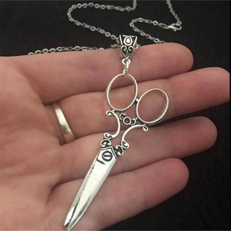 Gothic Retro Silver Scissors Pendant Necklace for Women - Large Hairdresser Jewelry Gift