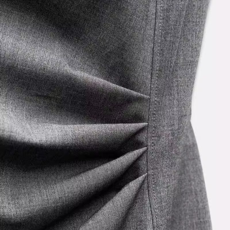 Fall and Winter New Waist Slim Looking Pleated round Neck Sleeveless Slit Hemline at Hem Midi Skirt Dress 6962231
