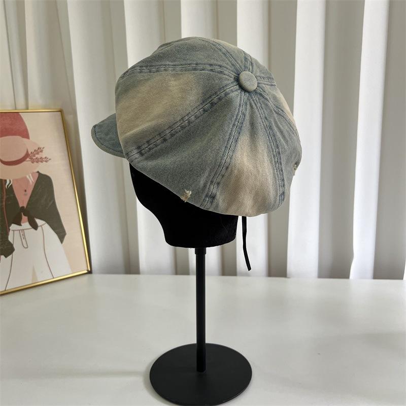 Denim octagonal newsboy hat children's new big head circumference shows the face small sunshade painter duck tongue cloud beret