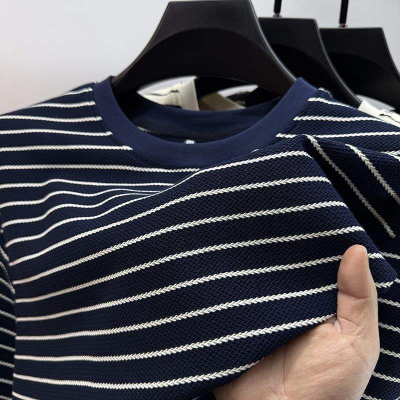 Classic Striped Short Sleeve T-Shirt Men's Crew Neck Summer Polo Shirt Half Sleeve T-Shirt Top Trendy Round Neck Fine Horizontal Stripe T-shirt