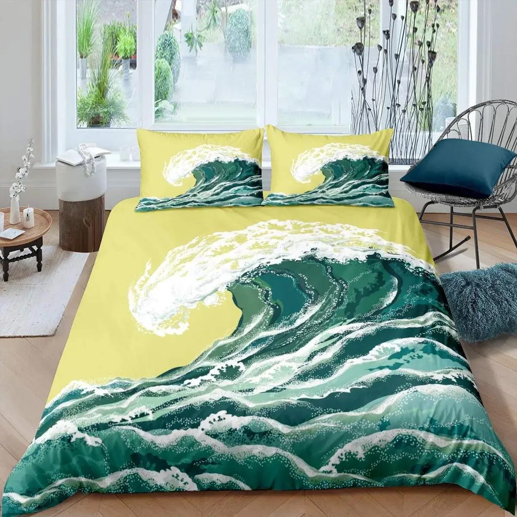 Comforter Japanese Wave King Queen Blue Sea Bedding Set Maple Leaf Moon Hokusai Ukiyo-E Polyester Comforter