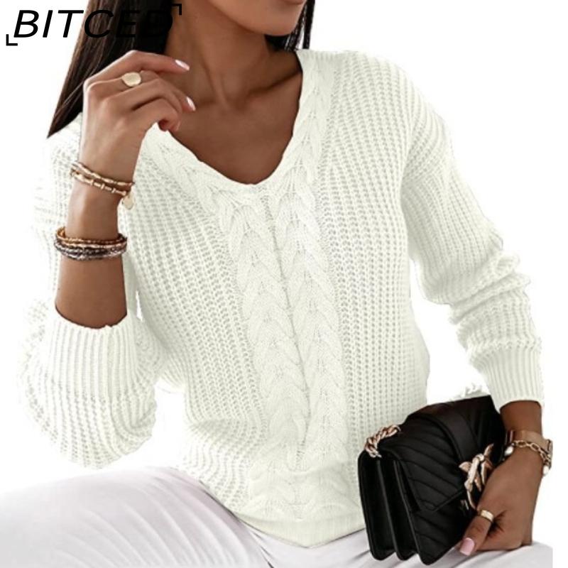 Женский свитер BITCED - С длинным рукавом, V-образный вырез, однотонный, косами, повседневный пуловер S