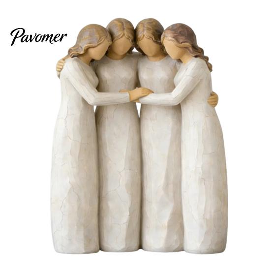 Handcrafted Wooden Statues Sisterhood Figurine, Friendship Sculpture for Living Room Home Decor Accents Bedroom Tabletop Ornament, Warm Gift