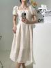 Japanese Floral New Bubble Sleeve Strap Medium and Long Dress Casual Style Light Color Dress Hanging Neck Square Collar Thin French Style