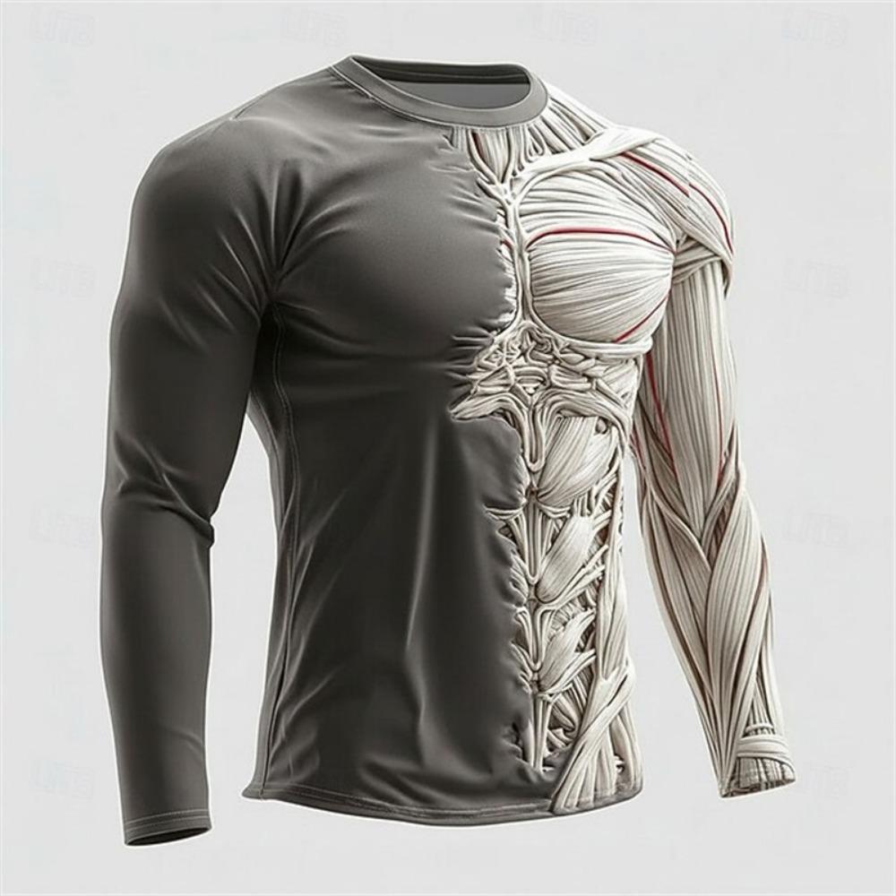 2026 New Men's 3D Muscle Print Long-Sleeve T-Shirt Fitness Crewneck Breathable Athletic Wear Stylish Bold Everyday Streetwear