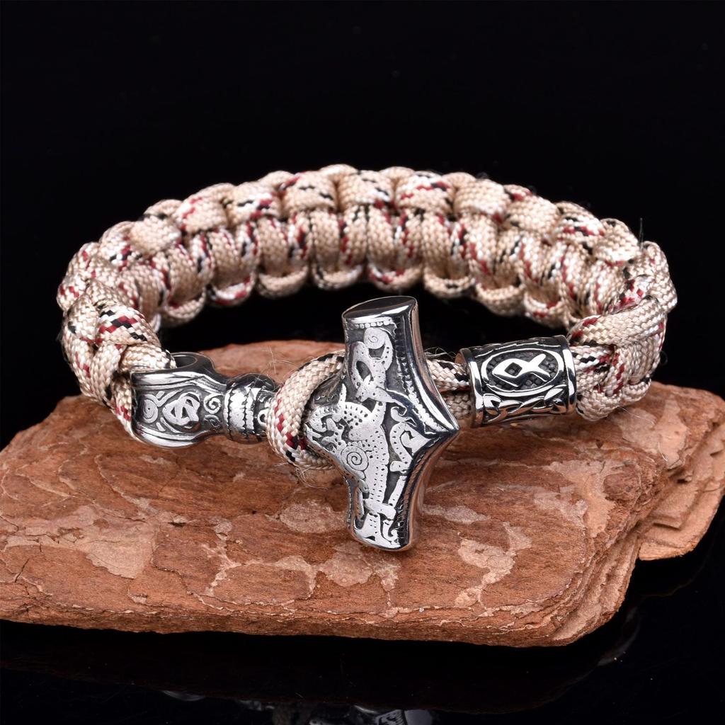 Men 'S Stainless Steel Viking Thor 'S Hammer Umbrella Rope Braided Bracelet Outdoor Sports Survival Bracelet 