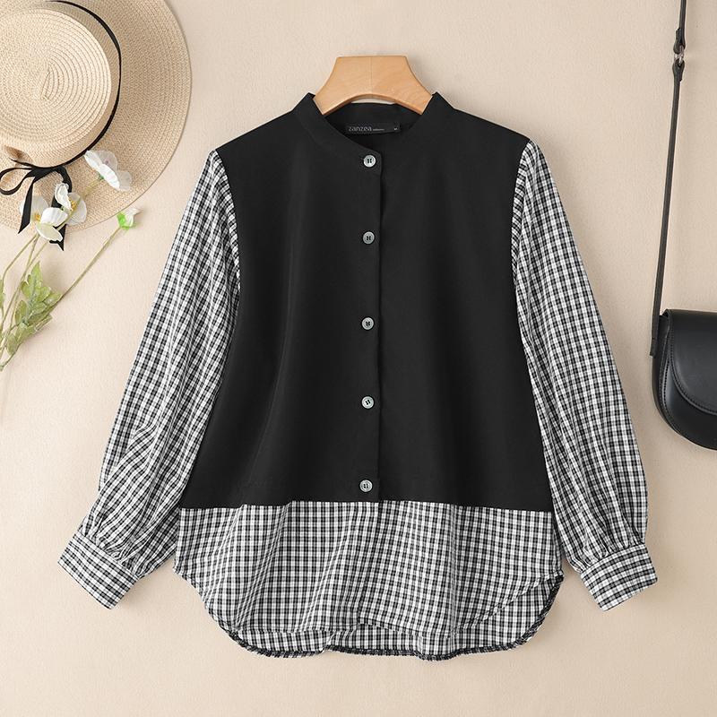 ZANZEA Damen Freizeit Rundhals Karomuster Patchwork Langarm Bluse
