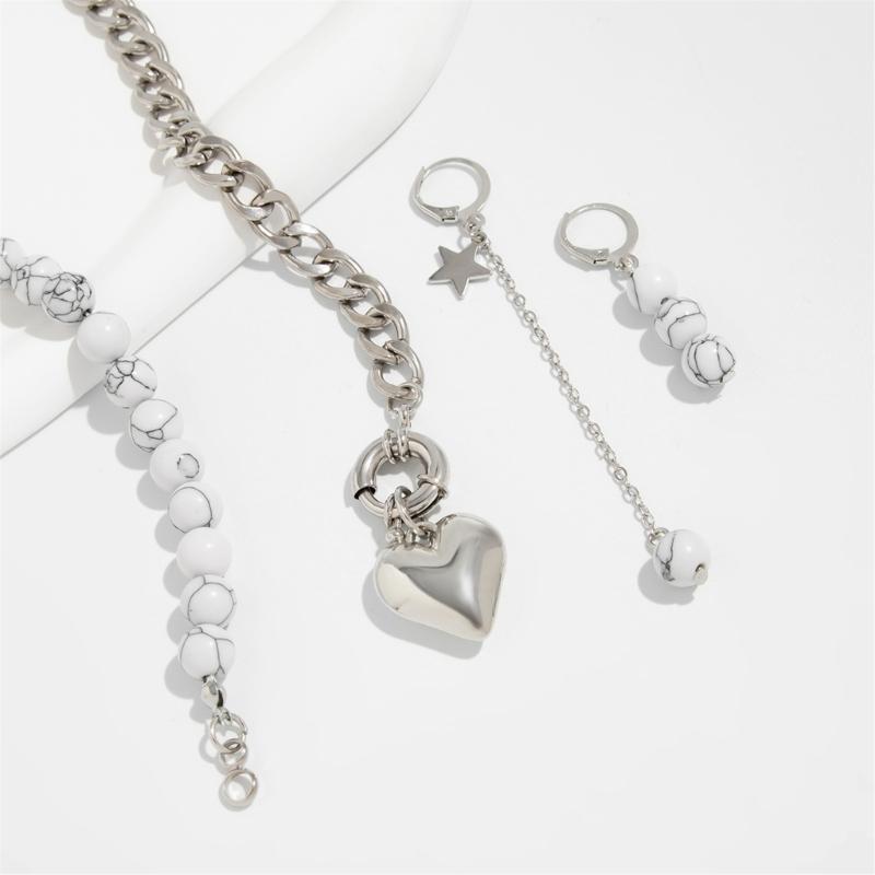 Retro Layer Earrings and Necklace With Bohemian Heart Pendant Pearls Choker And Cuban Chain Jewelry For Women Girls
