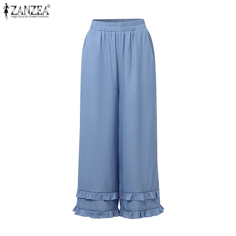 

ZANZEA Женские повседневные свободные брюки с эластичной талией, оборкой по подолу, длинные прямые S синий
