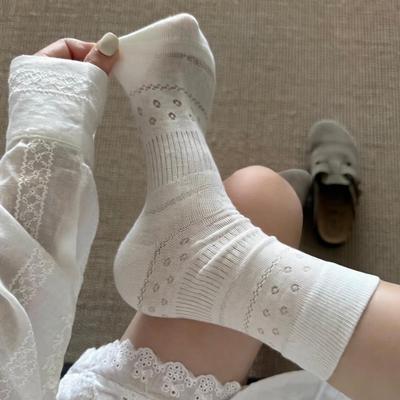 Frühlings- & Sommer-Blumen-Netz-Baumwollsocken für die Wade - Dünn, Koreanischer Stil, Weiß, Nahtlos, Gebürstet
