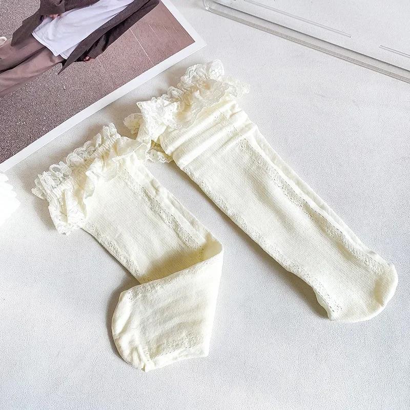 Meias JK Lolita de Renda e Malha Finas de Verão com Babados Brancas Pretas até o Joelho Longas para Meninas Crianças